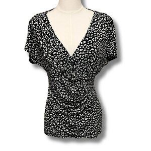 White House Black Market Ruched Flutter Sleeve B&W Leopard Print Wrap Top | Sz S